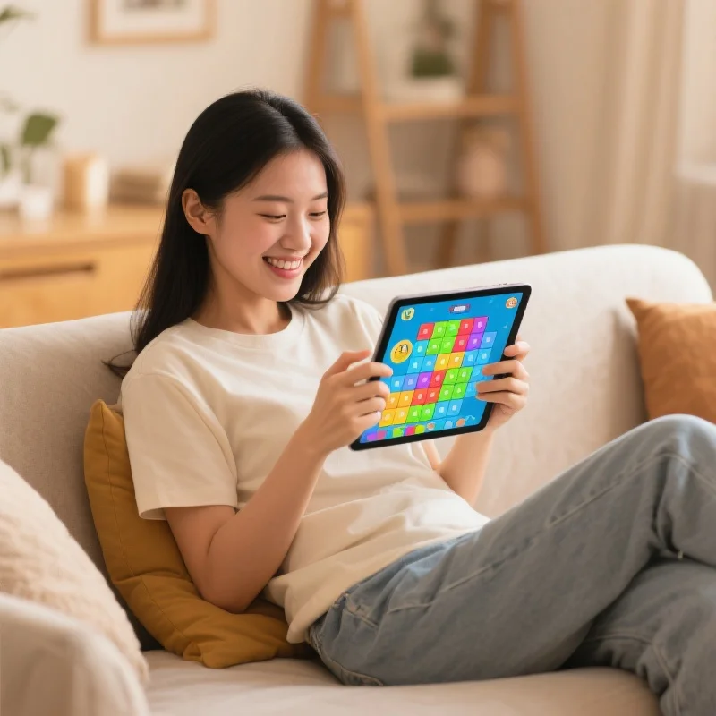 女子放松地玩着休闲游戏，享受轻松时刻